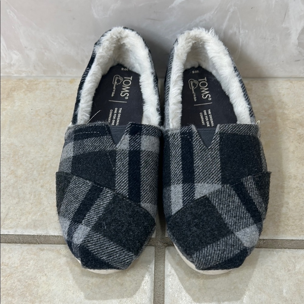 Toms Black and Gray Plaid Slip-Ons